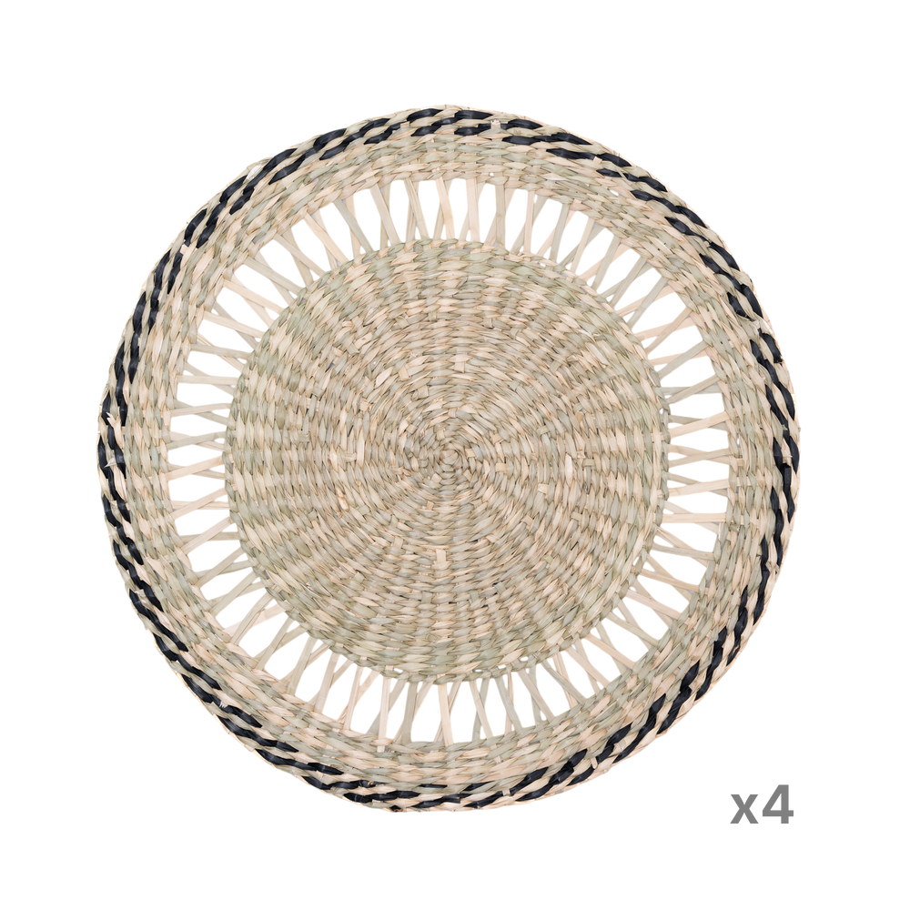 Couronne Alizée - Round placemat in seagrass with black trim on transparent background – Handcrafted product, handmade · Kuênia