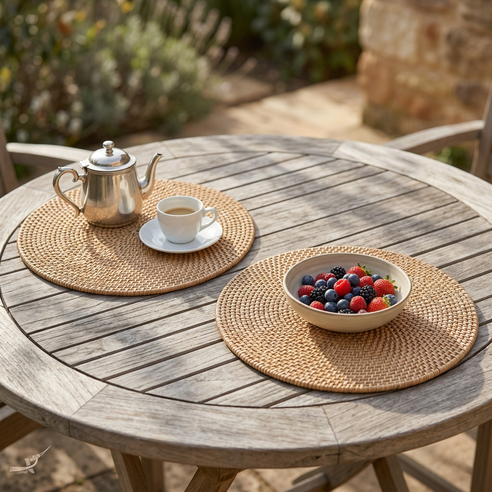 Lune Ensablée - Round placemat in handwoven rattan – detail view – Handcrafted product, handmade · Kuênia