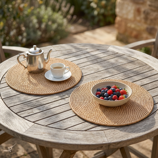 Lune Ensablée - Round placemat in handwoven rattan – detail view – Handcrafted product, handmade · Kuênia