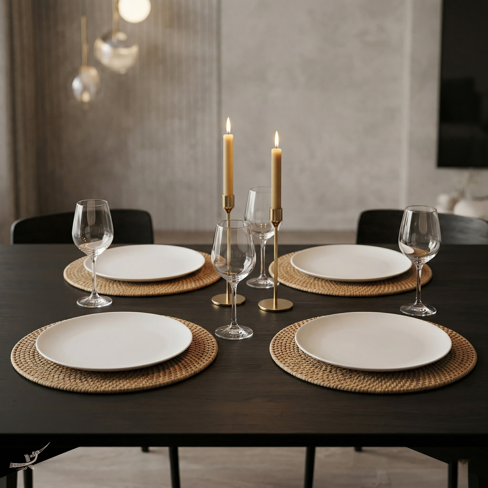 Lune Ensablée - Round placemat in handwoven rattan – staged view – Handcrafted product, handmade · Kuênia