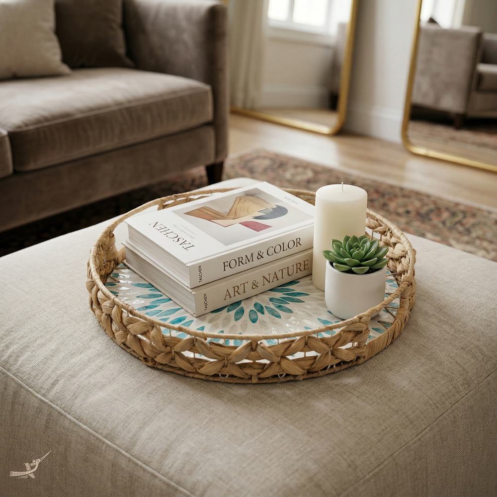 Marinia Grande - Round tray in water hyacinth and mother-of-pearl – staged view – Handcrafted product, handmade · Kuênia