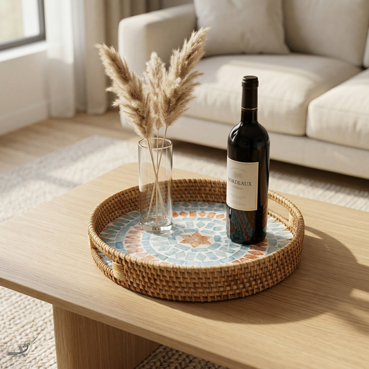 Embrasia - Round tray in handmade rattan and mother-of-pearl – detail view – Handcrafted product, handmade · Kuênia