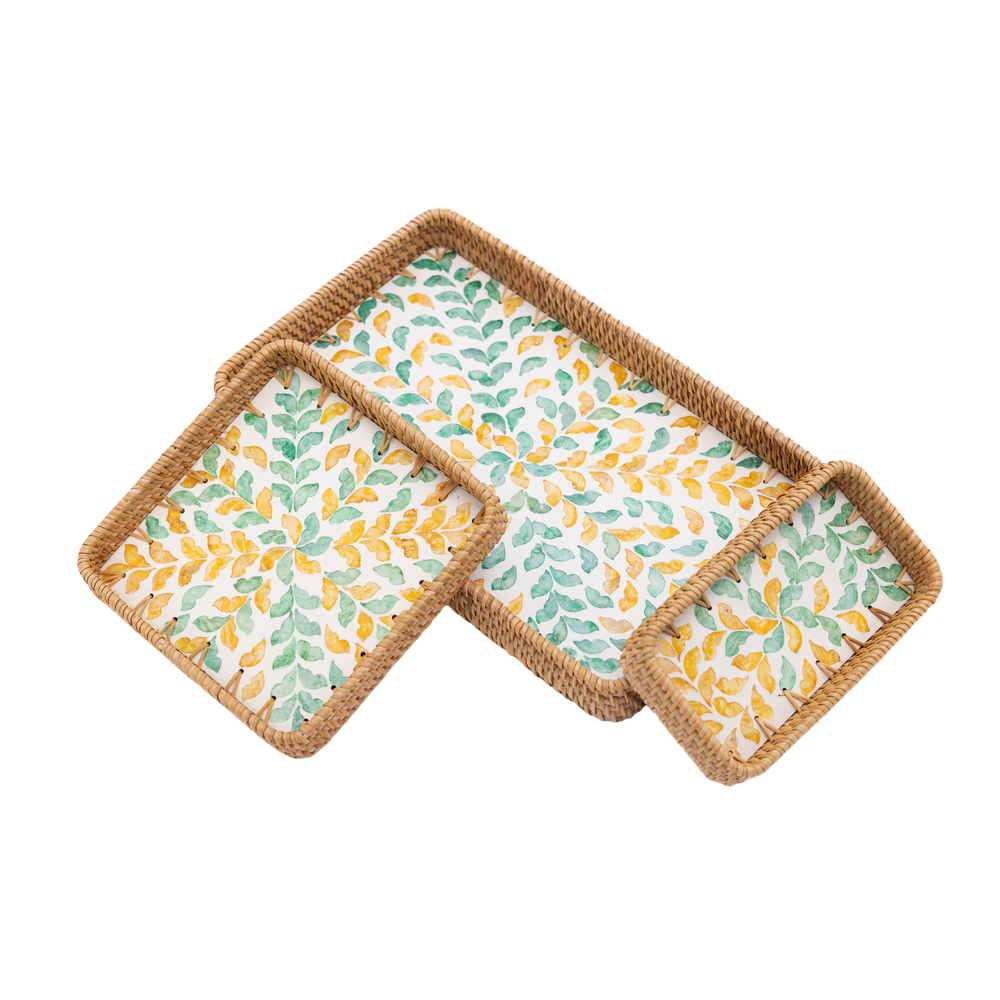 Autonia - Set of 3 rectangular trays in handmade rattan and mother-of-pearl, autumn foliage pattern on transparent background – Handcrafted product, handmade · Kuênia