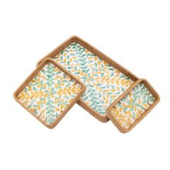 Autonia - Set of 3 rectangular trays in handmade rattan and mother-of-pearl, autumn foliage pattern on transparent background – Handcrafted product, handmade · Kuênia