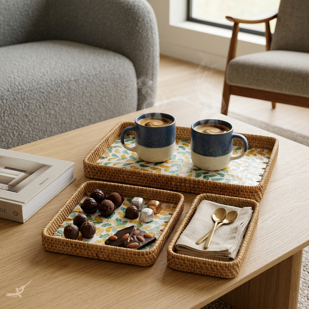 Autonia - Set of 3 rectangular trays in handmade rattan and mother-of-pearl, autumn foliage pattern – staged view – Handcrafted product, handmade · Kuênia