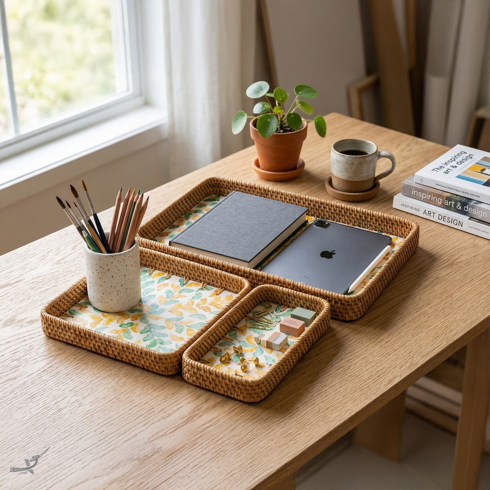 Autonia - Set of 3 rectangular trays in handmade rattan and mother-of-pearl, autumn foliage pattern – in-use view – Handcrafted product, handmade · Kuênia