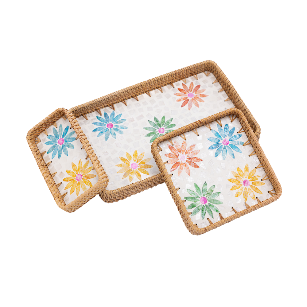 Printania - Set of 3 rectangular trays in handmade rattan and mother-of-pearl, multicolor floral pattern on transparent background – Handcrafted product, handmade · Kuênia