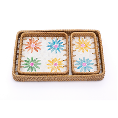 Printania - Set of 3 rectangular trays in handmade rattan and mother-of-pearl, multicolor floral pattern – view 3 – Handcrafted product, handmade · Kuênia