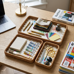 Printania - Set of 3 rectangular trays in handmade rattan and mother-of-pearl, multicolor floral pattern – lifestyle view – Handcrafted product, handmade · Kuênia