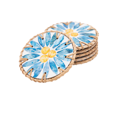Rayons de Bleuet - Set of 6 coasters in handmade rattan and mother-of-pearl, blue floral pattern on transparent background – Handcrafted product, handmade · Kuênia