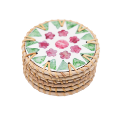 Ronde de Cerisier - Set of 6 coasters in handmade rattan and mother-of-pearl, pink and green floral pattern on transparent background – Handcrafted product, handmade · Kuênia