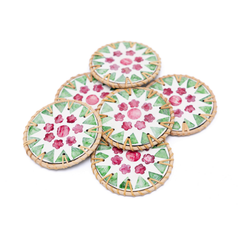 Ronde de Cerisier - Set of 6 coasters in handmade rattan and mother-of-pearl, pink and green floral pattern – view 4 – Handcrafted product, handmade · Kuênia