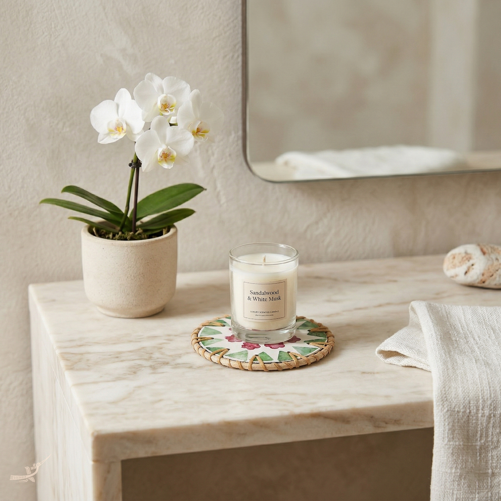 Ronde de Cerisier - Set of 6 coasters in handmade rattan and mother-of-pearl, pink and green floral pattern – staged view – Handcrafted product, handmade · Kuênia