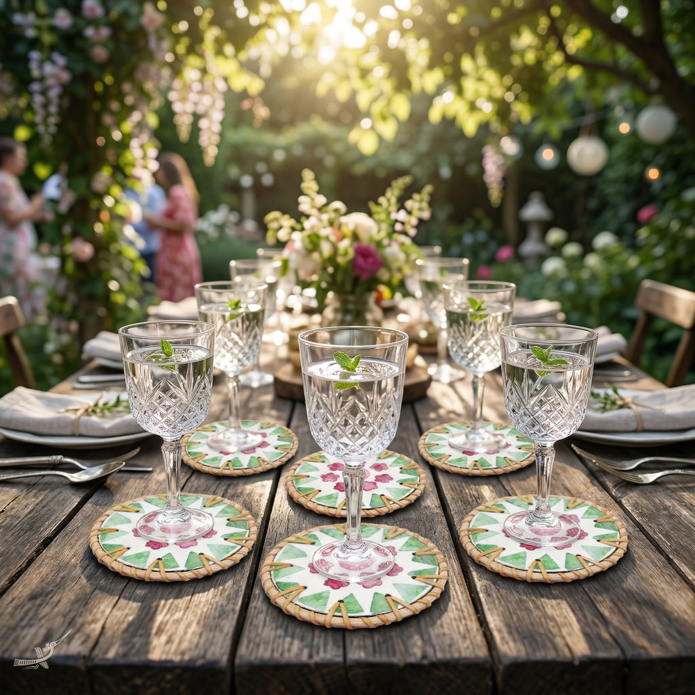 Ronde de Cerisier - Set of 6 coasters in handmade rattan and mother-of-pearl, pink and green floral pattern – lifestyle view – Handcrafted product, handmade · Kuênia
