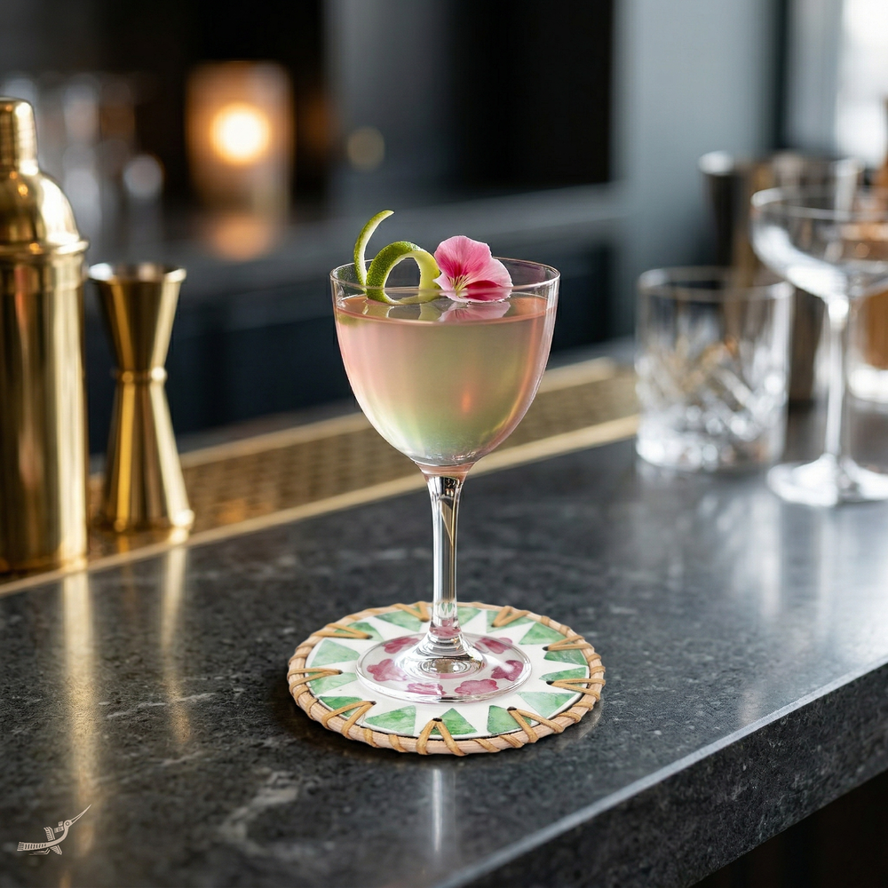 Ronde de Cerisier - Set of 6 coasters in handmade rattan and mother-of-pearl, pink and green floral pattern – in-use view – Handcrafted product, handmade · Kuênia