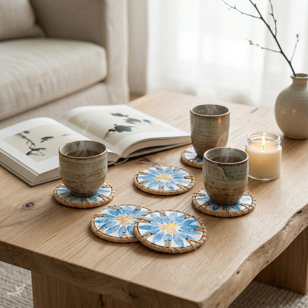 Rayons de Bleuet - Boxed set of 6 coasters in rattan and mother-of-pearl, with lid, blue floral pattern – lifestyle view – Handcrafted product, handmade · Kuênia