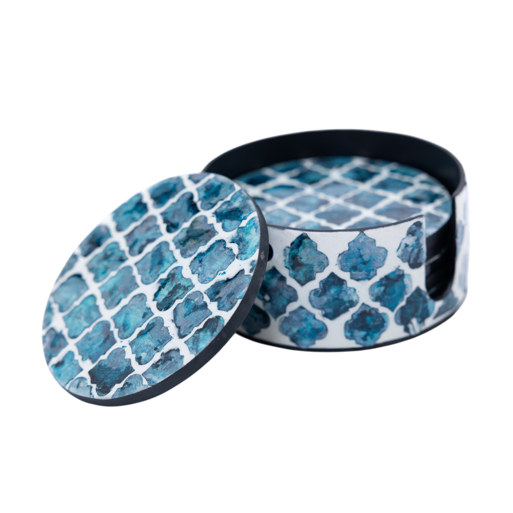 Alvéoles de Saphir - Boxed set of 6 coasters all mother-of-pearl, blue honeycomb pattern on transparent background – Handcrafted product, handmade · Kuênia
