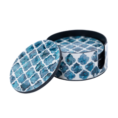 Alvéoles de Saphir - Boxed set of 6 coasters all mother-of-pearl, blue honeycomb pattern on transparent background – Handcrafted product, handmade · Kuênia