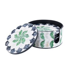 Éclosion de Jade - Boxed set of 6 coasters all mother-of-pearl, green and black botanical pattern on transparent background – Handcrafted product, handmade · Kuênia