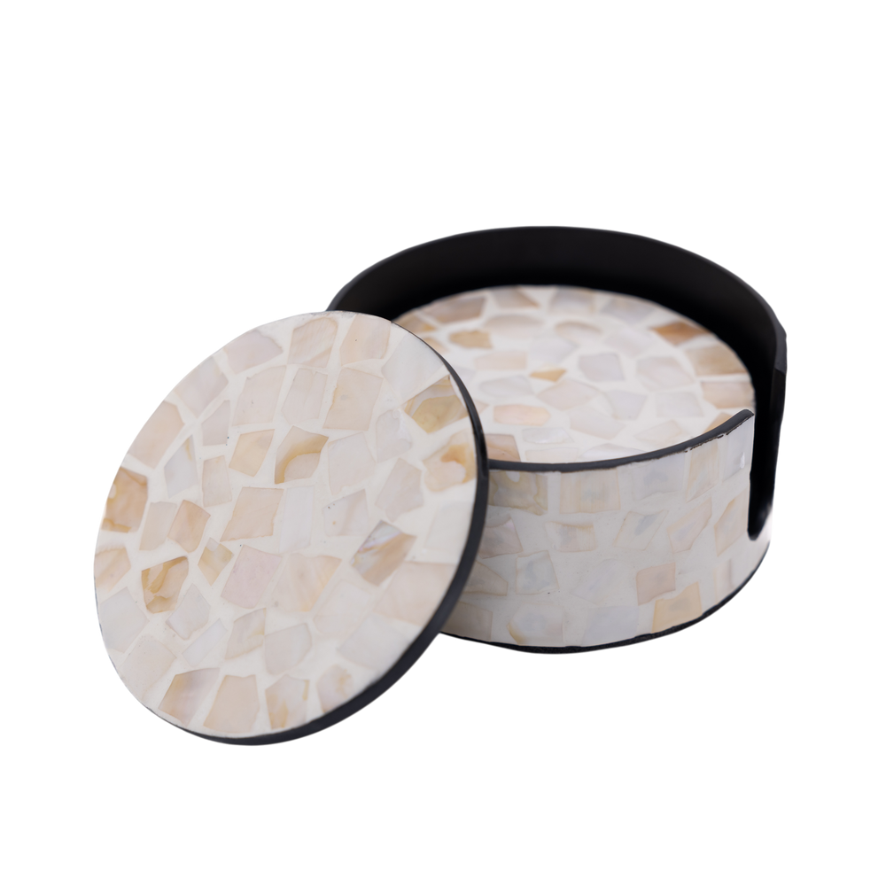 Écorces d'Ambre - Boxed set of 6 coasters all mother-of-pearl, white and amber mosaic pattern on transparent background – Handcrafted product, handmade · Kuênia