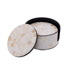 Écorces d'Ambre - Boxed set of 6 coasters all mother-of-pearl, white and amber mosaic pattern on transparent background – Handcrafted product, handmade · Kuênia