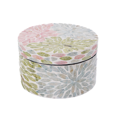 Le Jardin Secret - Round decorative box in mother-of-pearl, pastel floral pattern on transparent background – Handcrafted product, handmade · Kuênia