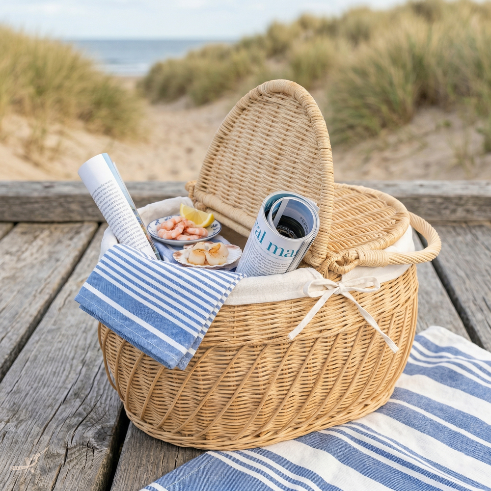 Kaigio - Picnic basket in handwoven rattan – staged view – Handcrafted product, handmade · Kuênia