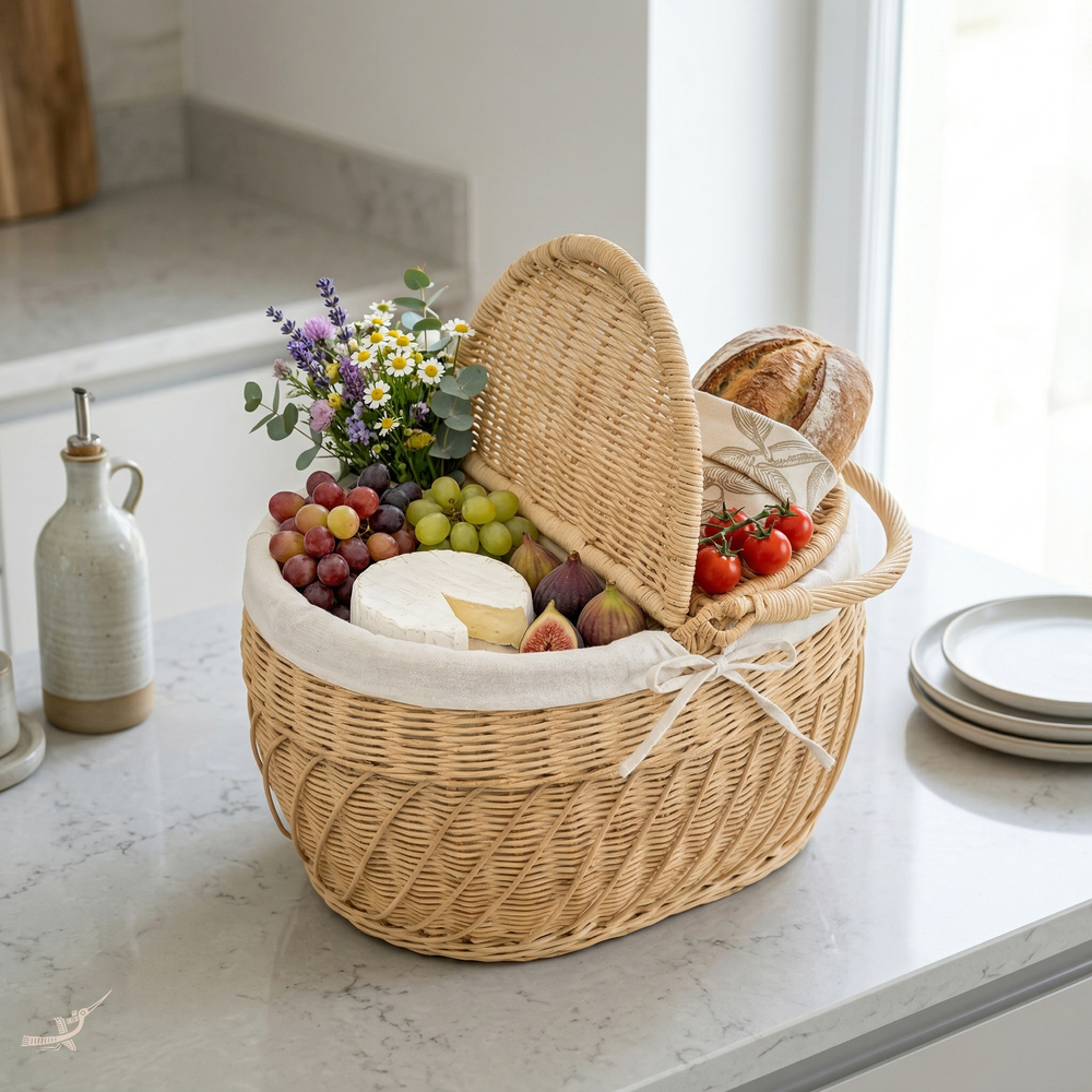 Kaigio - Picnic basket in handwoven rattan – in-use view – Handcrafted product, handmade · Kuênia