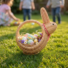 Taito - Rabbit-shaped basket in handwoven rattan – detail view – Handcrafted product, handmade · Kuênia