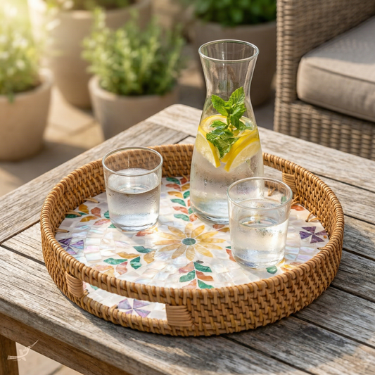 Floretia - Round tray in handmade rattan and mother-of-pearl, multicolor floral pattern – lifestyle view – Handcrafted product, handmade · Kuênia
