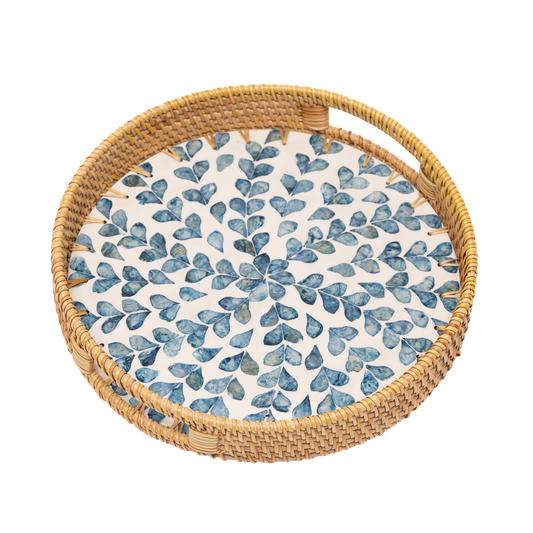Volubia - Round tray in handmade rattan and mother-of-pearl, twining foliage pattern on transparent background – Handcrafted product, handmade · Kuênia