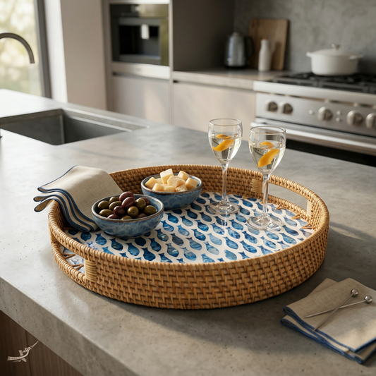 Escalia - Plateau rond en rotin et nacre fait main, motif banc de poissons – mise en scène – Produit artisanal fait à la main · Kuênia