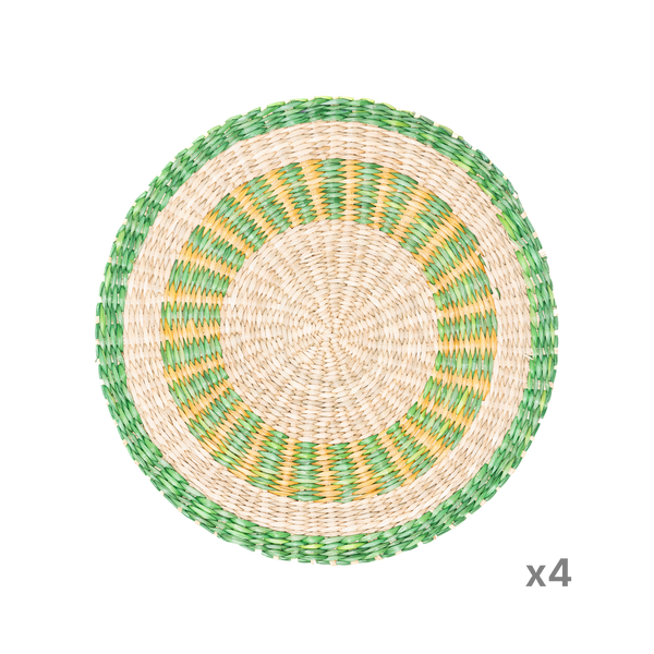 Champ Verdoyant - Set de table rond en jonc de mer tressé, motif vert et jaune sur fond transparent – Produit artisanal fait à la main · Kuênia