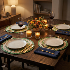 Champ Verdoyant - Round placemat in handwoven seagrass, green and yellow pattern – lifestyle view – Handcrafted product, handmade · Kuênia