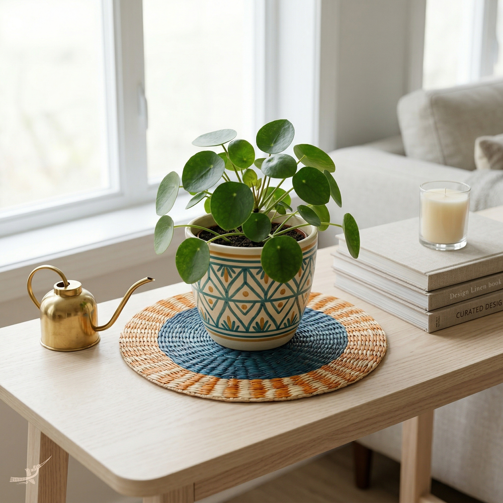 Anneau Doré - Round placemat in handwoven seagrass, blue and orange pattern – staged view – Handcrafted product, handmade · Kuênia