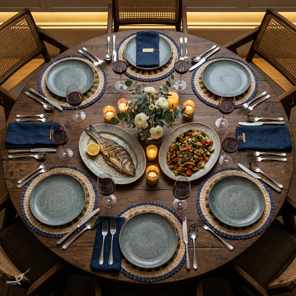 Oasis Marine - Round placemat in handwoven seagrass, blue yellow – lifestyle view – Handcrafted product, handmade · Kuênia