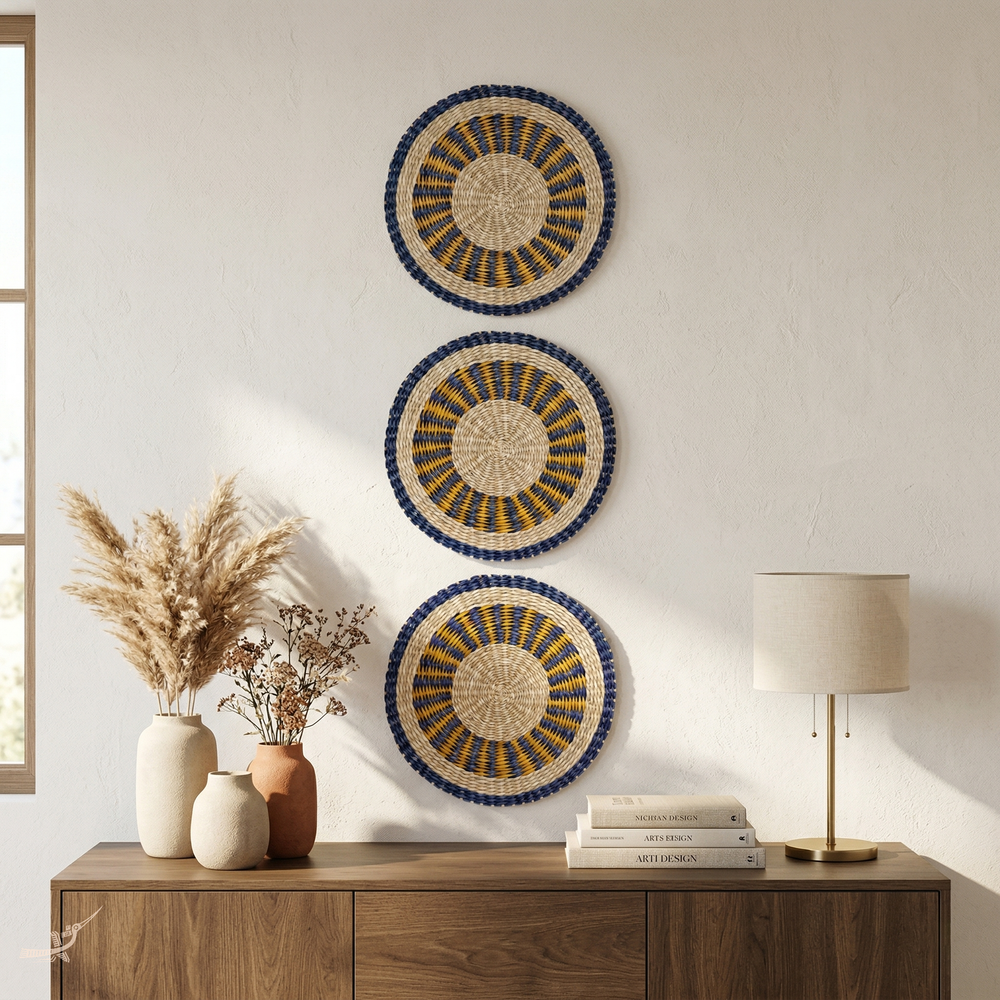 Oasis Marine - Round placemat in handwoven seagrass, blue and yellow – in-use view – Handcrafted product, handmade · Kuênia