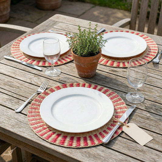 Étoile Flamboyante - Set de table rond en jonc de mer tressé, motif soleil – vue de détail – Produit artisanal fait à la main · Kuênia