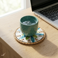 Valse de Nymphéa - Coffret de 6 sous-verres en rotin et nacre, motif végétal bleu et vert – vue de détail – Produit artisanal fait à la main · Kuênia