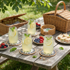 Prisme d'Agave – Coffret de 6 sous-verres en rotin et nacre, motif vert géométrique – mise en scène – Produit artisanal fait à la main · Kuênia