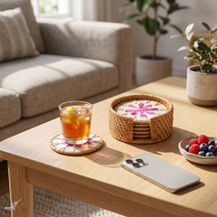 Éclats de Bougainvillier - Coffret de 6 sous-verres en rotin et nacre, motif floral rose – vue d'ambiance – Produit artisanal fait à la main · Kuênia