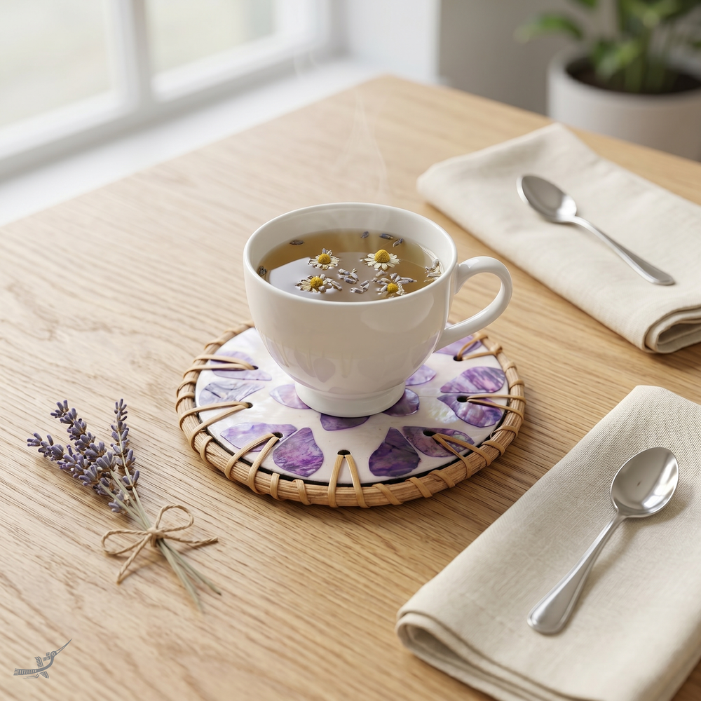 Souffle de Violette - Coffret de 6 sous-verres en rotin et nacre, motif floral violet – vue de détail – Produit artisanal fait à la main · Kuênia
