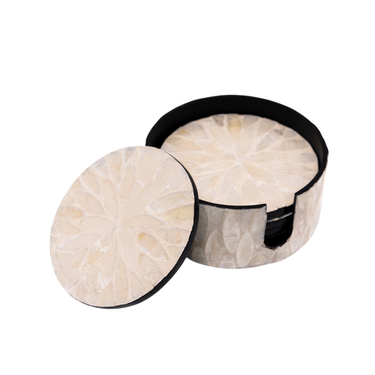 Reflets de Cristal - Boxed set of 6 coasters all mother-of-pearl, translucent floral pattern on transparent background – Handcrafted product, handmade · Kuênia