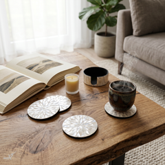 Reflets de Cristal - Boxed set of 6 coasters all mother-of-pearl, translucent floral pattern – lifestyle view – Handcrafted product, handmade · Kuênia