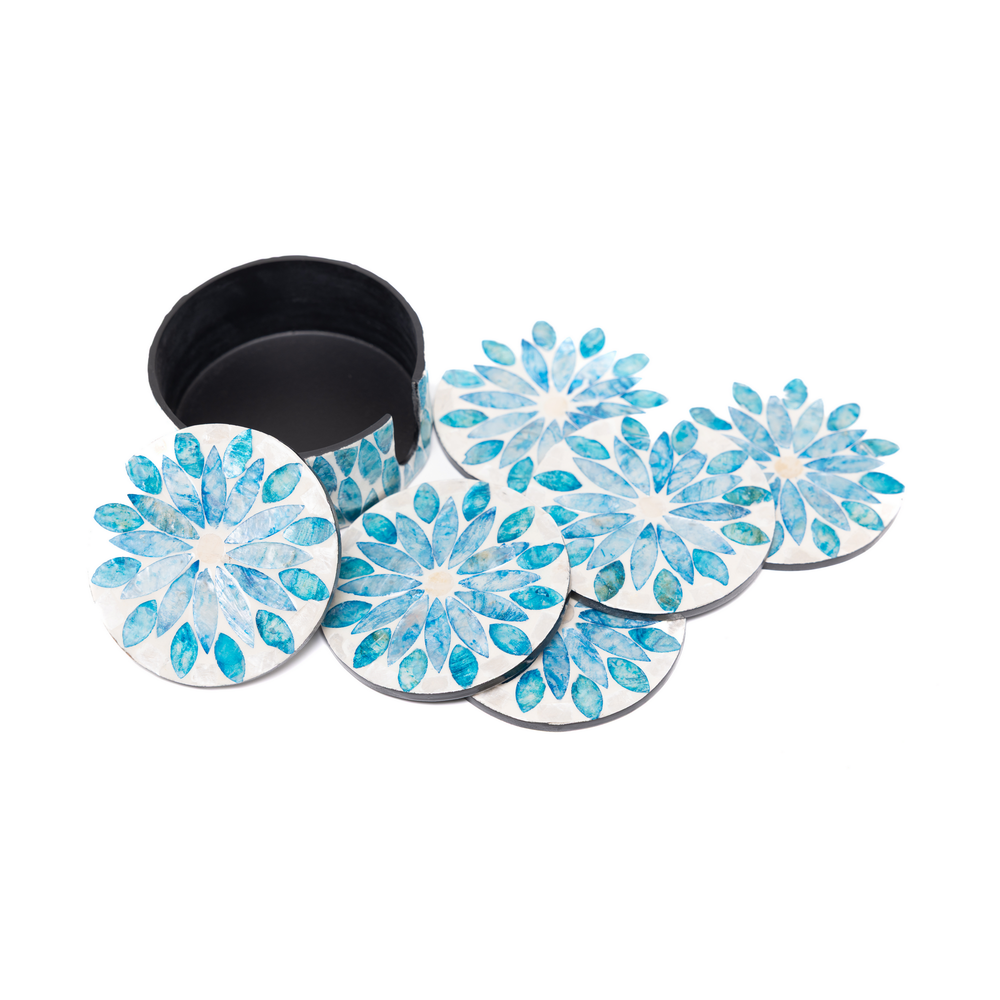 Corolle de Topaze - Boxed set of 6 coasters all mother-of-pearl, blue floral pattern – view 4 – Handcrafted product, handmade · Kuênia