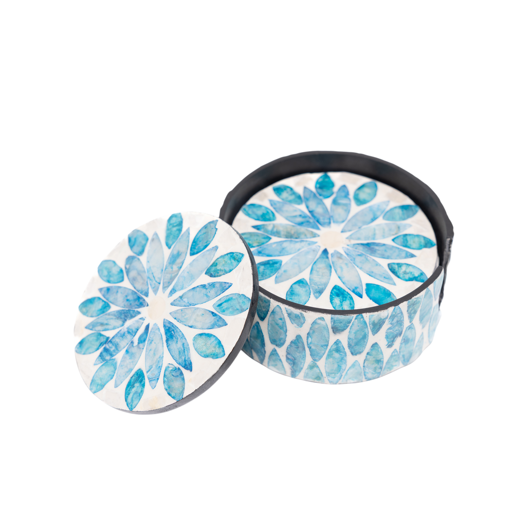 Corolle de Topaze - Boxed set of 6 coasters all mother-of-pearl, blue floral pattern on transparent background – Handcrafted product, handmade · Kuênia