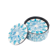 Corolle de Topaze - Boxed set of 6 coasters all mother-of-pearl, blue floral pattern on transparent background – Handcrafted product, handmade · Kuênia