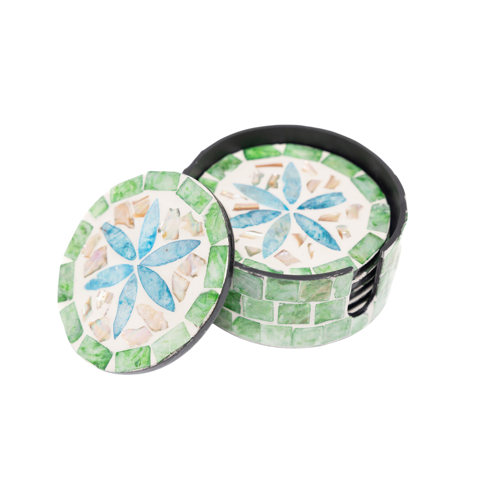 Jardin de Verre - Boxed set of 6 coasters all mother-of-pearl, multicolor floral mosaic on transparent background – Handcrafted product, handmade · Kuênia