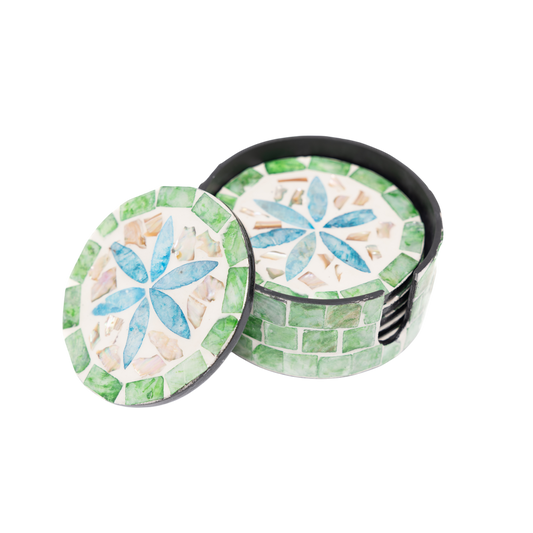 Jardin de Verre - Boxed set of 6 coasters all mother-of-pearl, multicolor floral mosaic on transparent background – Handcrafted product, handmade · Kuênia