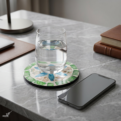 Jardin de Verre - Boxed set of 6 coasters all mother-of-pearl, multicolor floral mosaic – staged view – Handcrafted product, handmade · Kuênia
